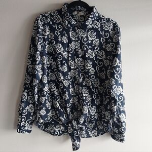 Kut from The Kloth Navy & White Rose Print Tie Waist Cotton Button Front Top